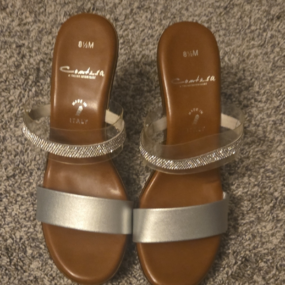 Elegant Silver and Brown Slide Sandals